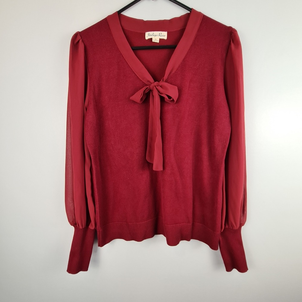 Indigo Rose Women's Bowknot Neckline Long Sheer Sleeve Blouse Small Workwear